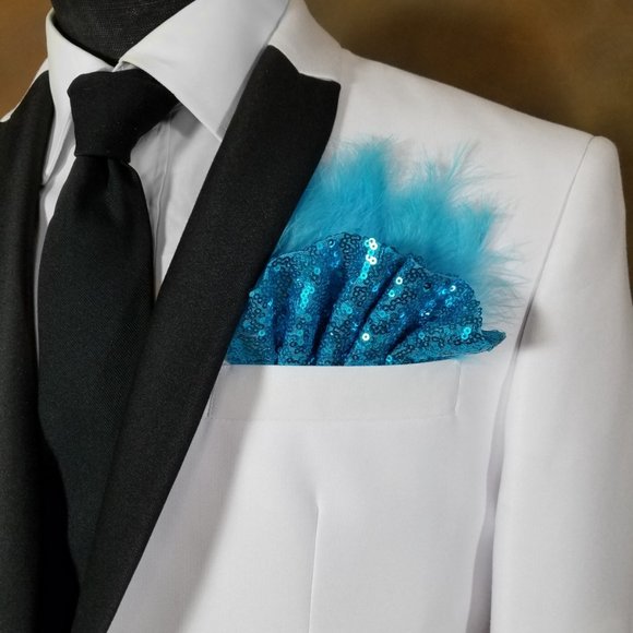 NEW Turquoise Blue Sequin Ruffle & Feather Pocket Square Insert - Picture 1 of 7
